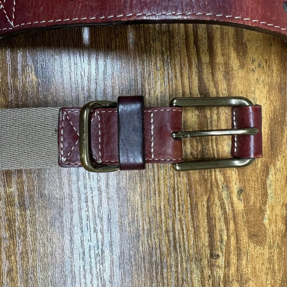 Orvis Mens Canvas and Leather Belt Brown Khaki Brass Buckle Made in USA Size 38